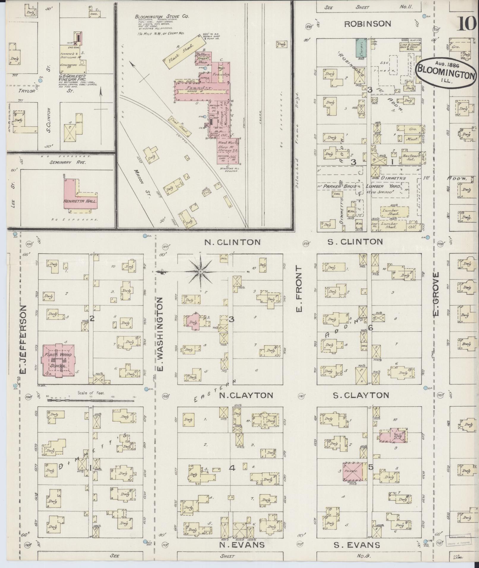 Sanborn Fire Insurance Map from Bloomington, McLean County, Illinois (1886), Sheet #0010 - Historic Sanborn Fire Insurance Map Print, vintage old map wall art, antique decor, genealogy gift, Illinois Illinois map