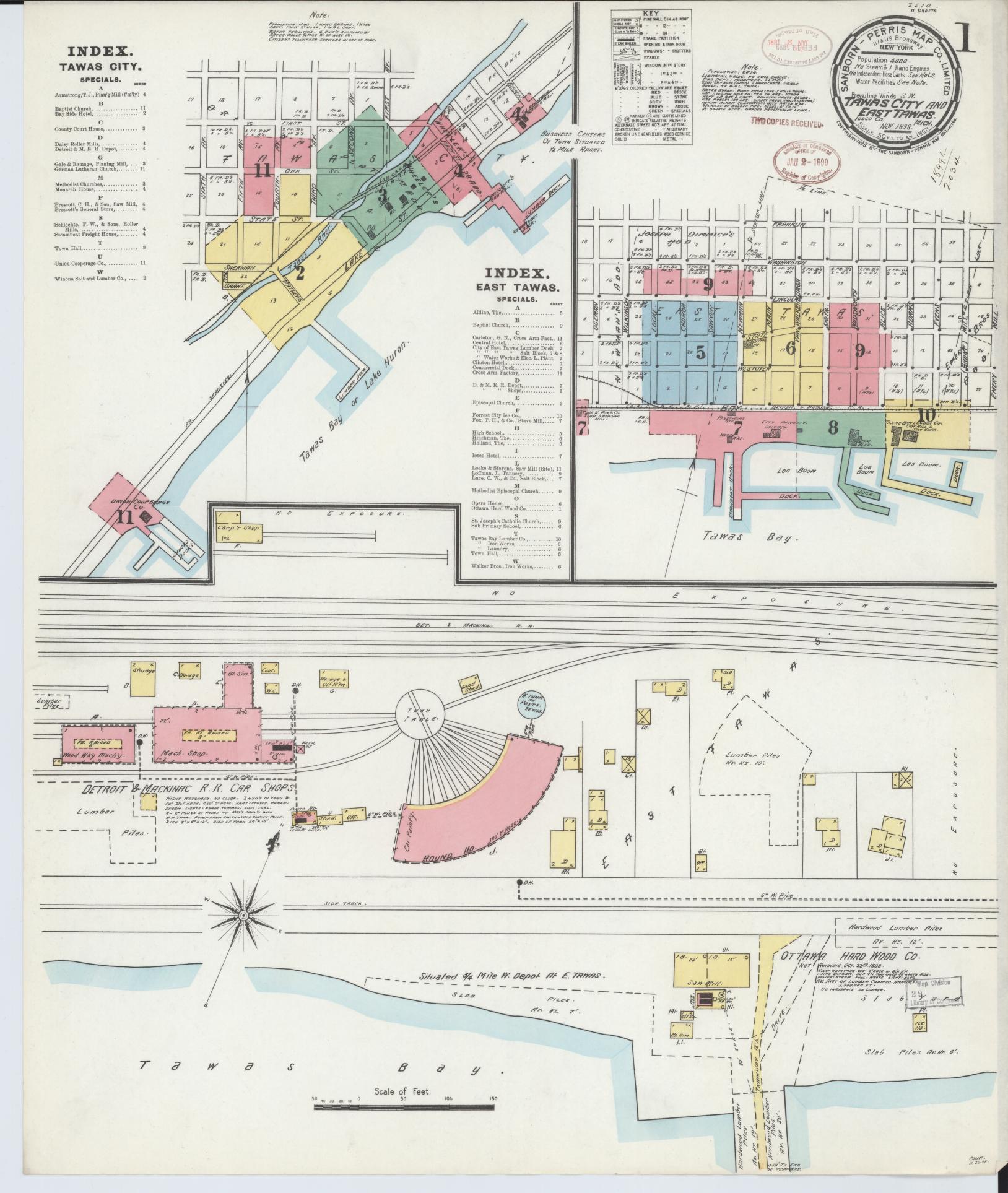 Sanborn Fire Insurance Map from Tawas City, Iosco County, Michigan (1898), Sheet #0001 - Historic Sanborn Fire Insurance Map Print, vintage old map wall art, antique decor, genealogy gift, Michigan Michigan map