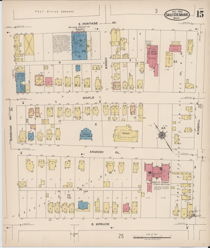 Sanborn Fire Insurance Map from Sault Sainte Marie, Chippewa County, Michigan (1922), Sheet #0015 - Historic Sanborn Fire Insurance Map Print, vintage old map wall art, antique decor, genealogy gift, Michigan Michigan map