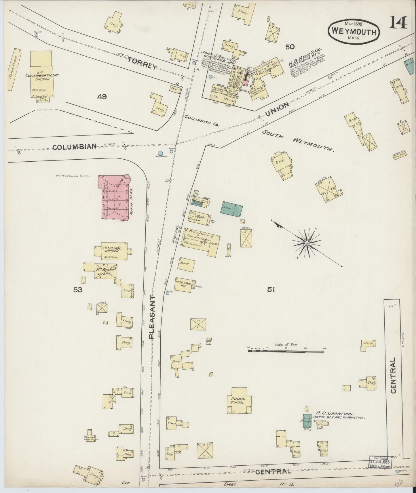 Sanborn Fire Insurance Map from Weymouth, Norfolk County, Massachusetts (1888), Sheet #0014 - Complete Map Set gallery image, historic Sanborn map, vintage wall art, Massachusetts Massachusetts