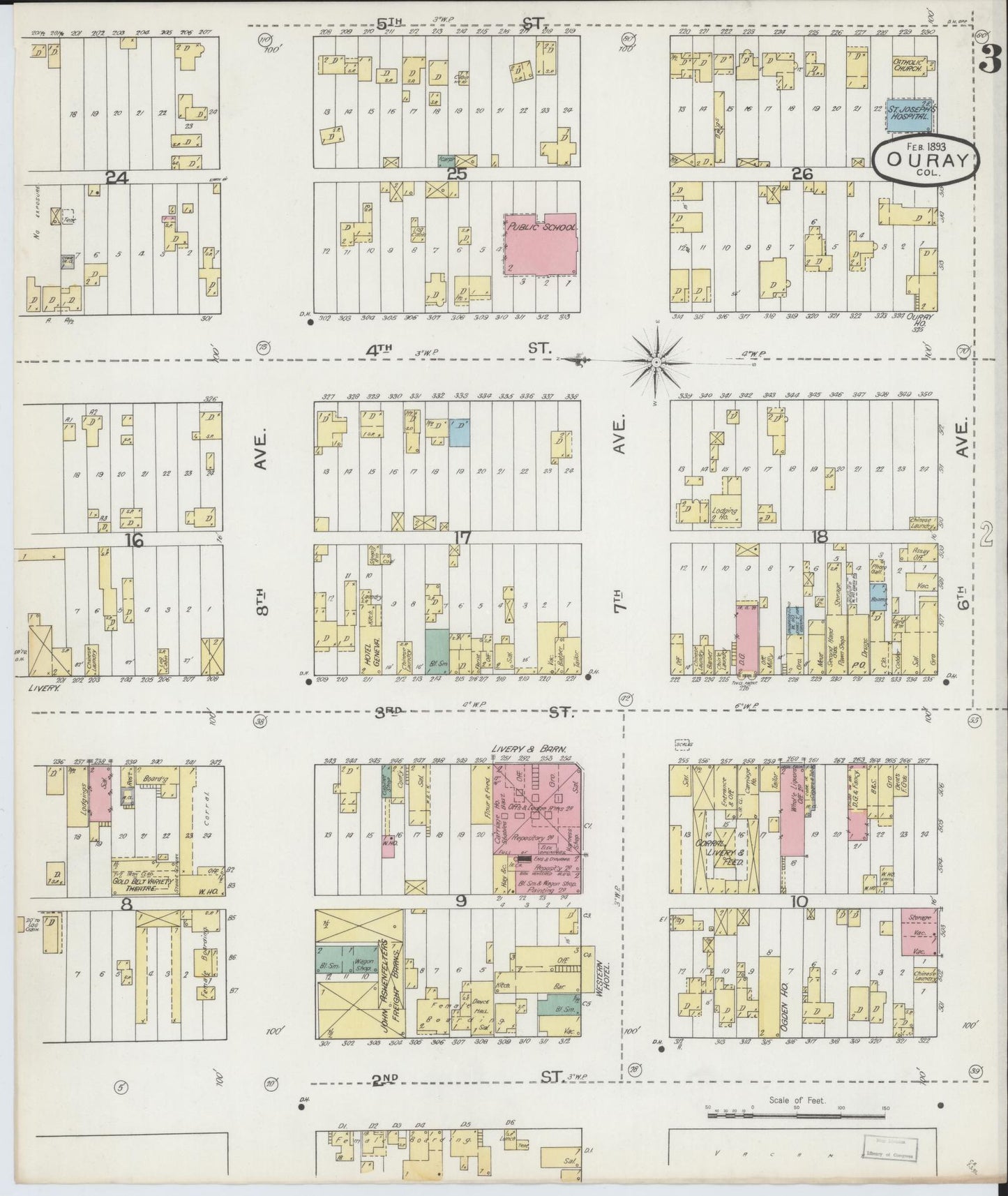 Sanborn Fire Insurance Map from Ouray, Ouray County, Colorado (1893), Sheet #0003 - Historic Sanborn Fire Insurance Map Print, vintage old map wall art, antique decor, genealogy gift, Colorado Colorado map