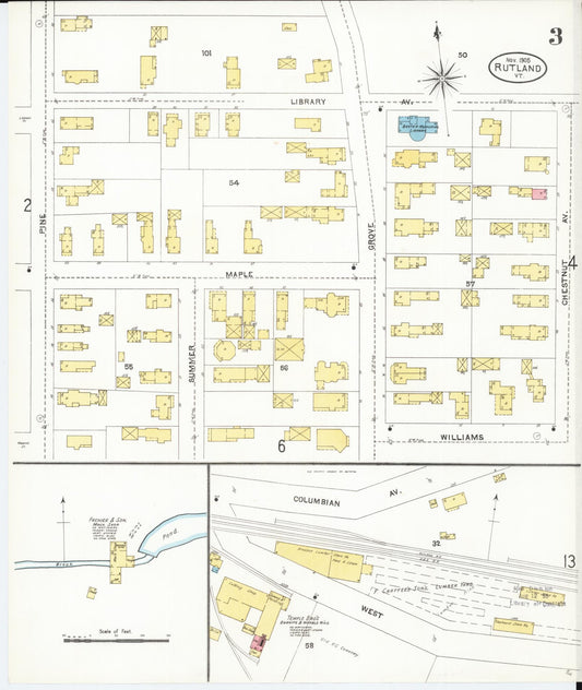 Sanborn Fire Insurance Map from Rutland, Rutland County, Vermont (1905), Sheet #0003 - Historic Sanborn Fire Insurance Map Print, vintage old map wall art, antique decor, genealogy gift, Vermont Vermont map