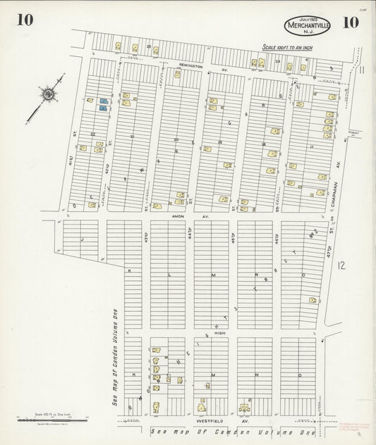 Sanborn Fire Insurance Map from Merchantville, Camden County, New Jersey (1925), Sheet #0010 - Historic Sanborn Fire Insurance Map Print, vintage old map wall art, antique decor, genealogy gift, New Jersey New Jersey map