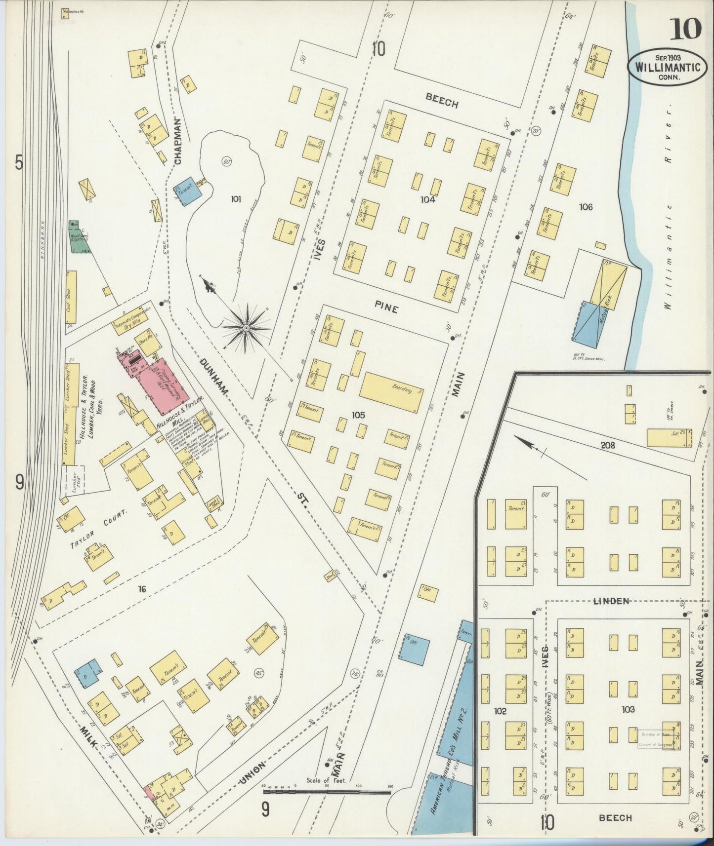 Sanborn Fire Insurance Map from Willimantic, Windham County, Connecticut (1903), Sheet #0010 - Complete Map Set gallery image, historic Sanborn map, vintage wall art, Connecticut Connecticut