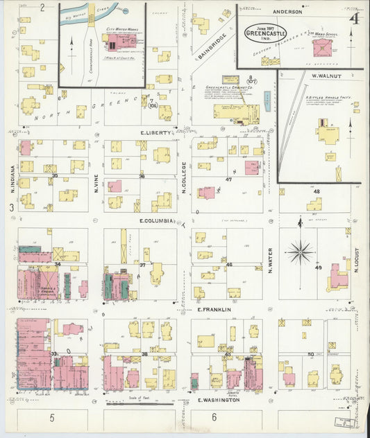 Sanborn Fire Insurance Map from Greencastle, Putnam County, Indiana (1907), Sheet #0004 - Historic Sanborn Fire Insurance Map Print, vintage old map wall art, antique decor, genealogy gift, Indiana Indiana map