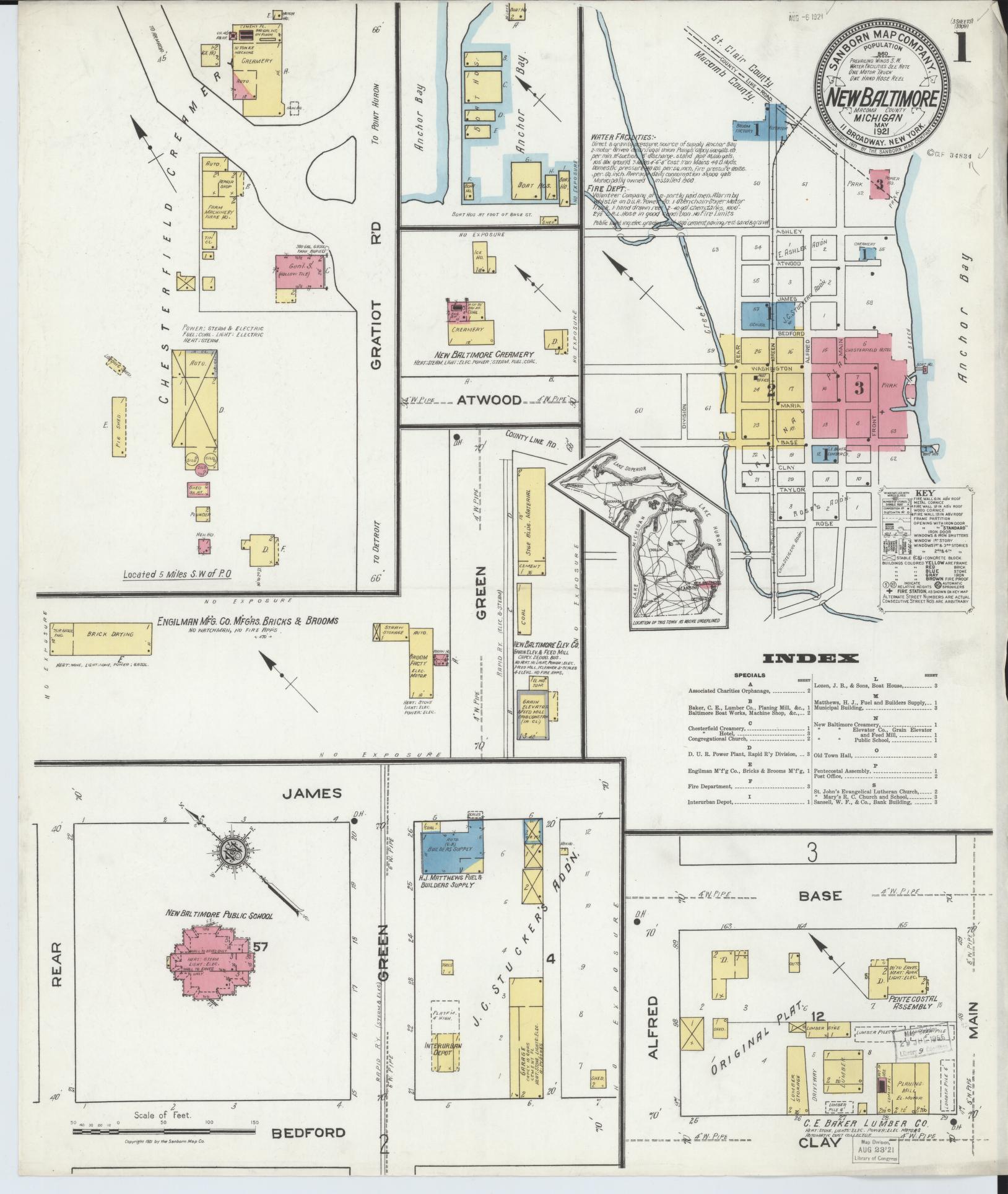 Sanborn Fire Insurance Map from New Baltimore, Macomb County, Michigan (1921), Sheet #0001 - Complete Map Set gallery image, historic Sanborn map, vintage wall art, Michigan Michigan