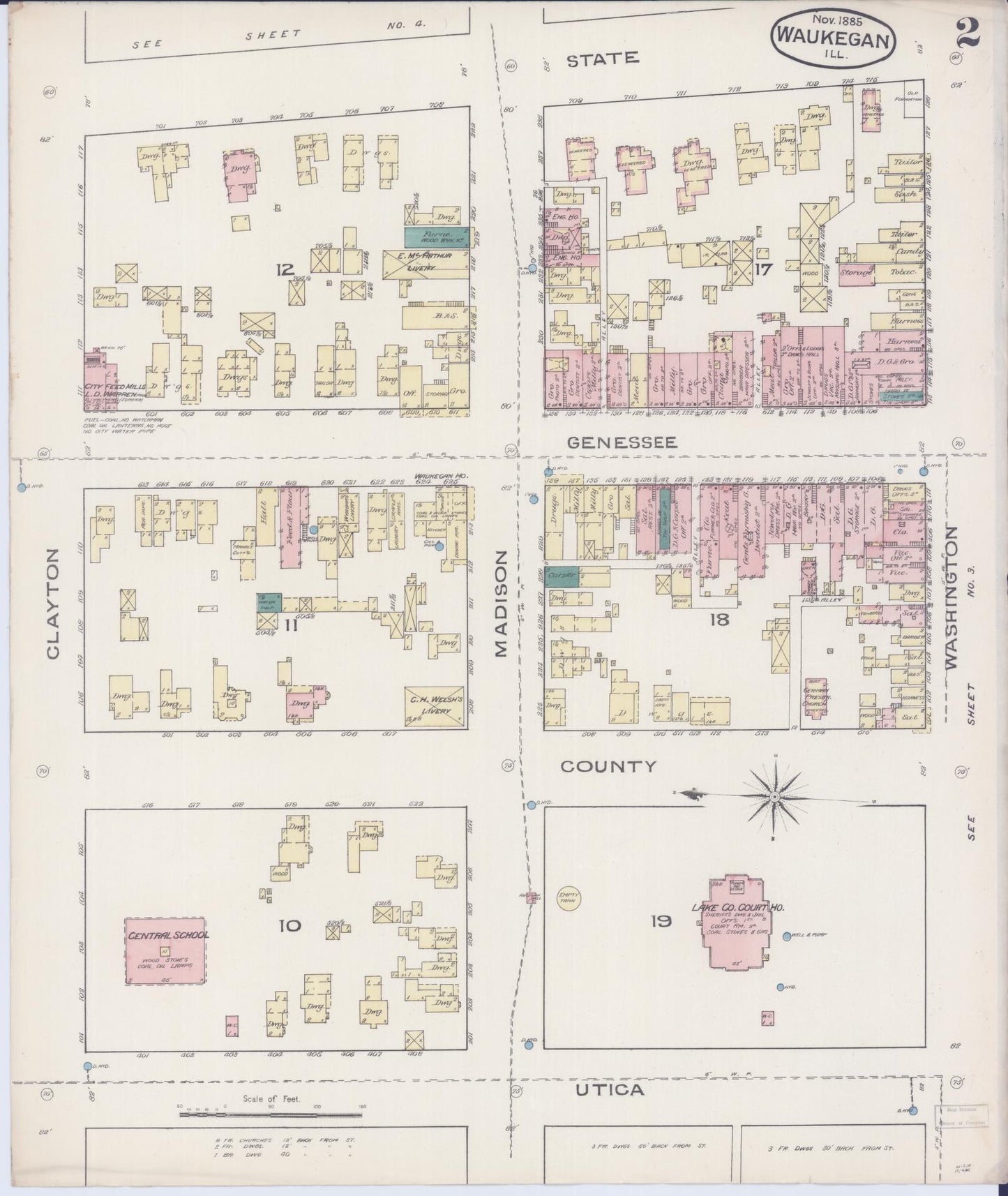 Sanborn Fire Insurance Map from Waukegan, Lake County, Illinois (1885), Sheet #0002 - Historic Sanborn Fire Insurance Map Print, vintage old map wall art, antique decor, genealogy gift, Illinois Illinois map
