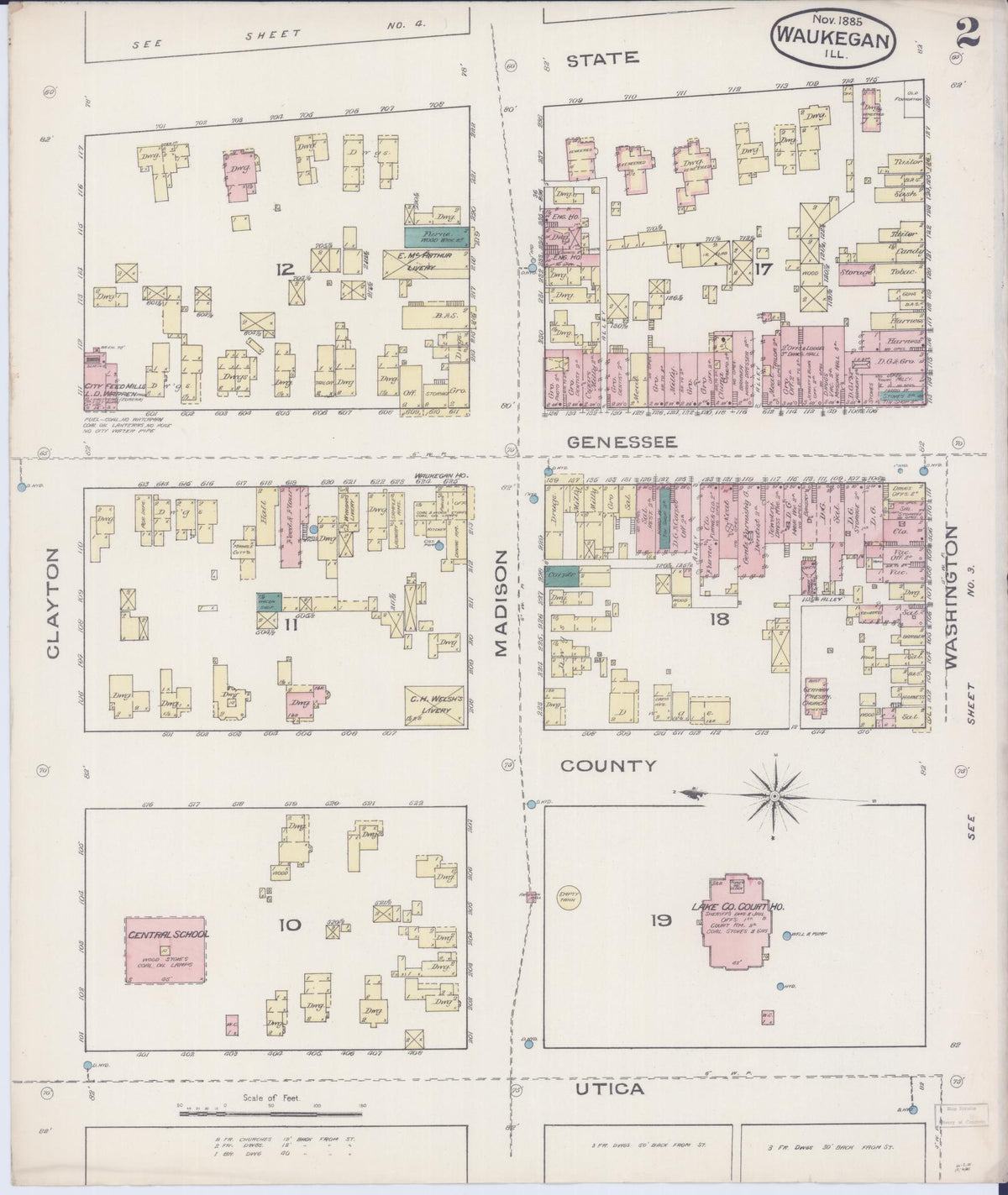 Sanborn Fire Insurance Map from Waukegan, Lake County, Illinois (1885), Sheet #0002 - Historic Sanborn Fire Insurance Map Print, vintage old map wall art, antique decor, genealogy gift, Illinois Illinois map