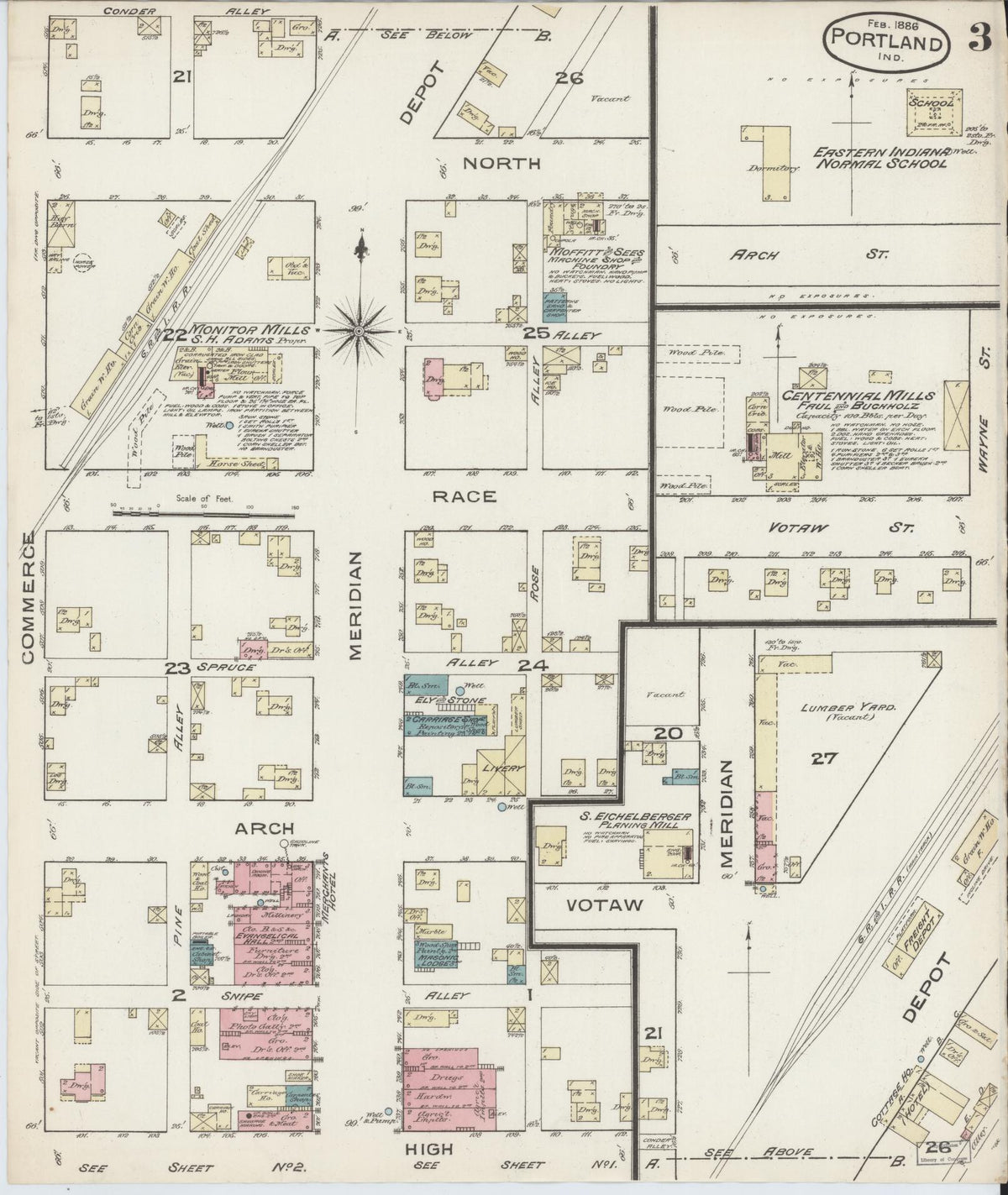 Sanborn Fire Insurance Map from Portland, Jay County, Indiana (1886), Sheet #0003 - Historic Sanborn Fire Insurance Map Print, vintage old map wall art, antique decor, genealogy gift, Indiana Indiana map