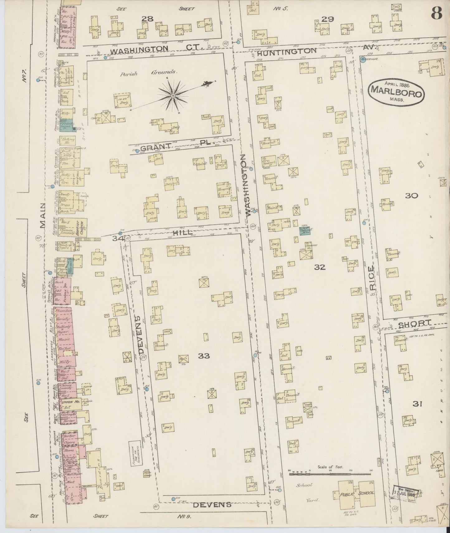 Sanborn Fire Insurance Map from Marlborough, Middlesex County, Massachusetts (1885), Sheet #0008 - Complete Map Set gallery image, historic Sanborn map, vintage wall art, Massachusetts Massachusetts