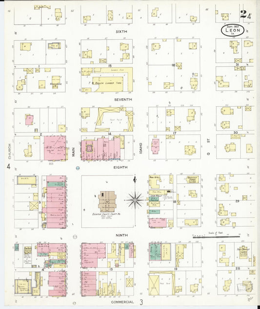 Sanborn Fire Insurance Map from Leon, Decatur County, Iowa (1907), Sheet #0002 - Historic Sanborn Fire Insurance Map Print, vintage old map wall art