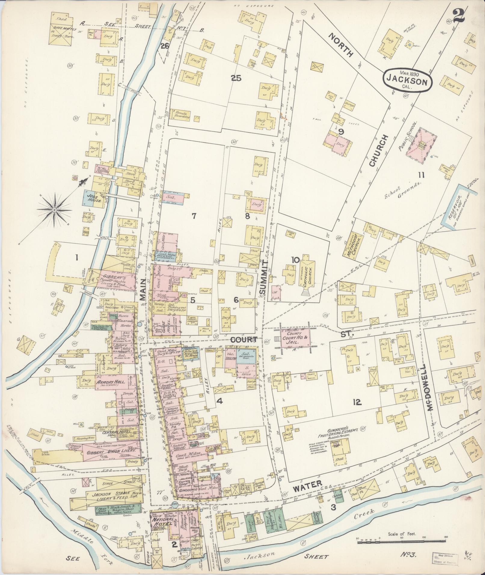 Sanborn Fire Insurance Map from Jackson, Amador County, California (1890), Sheet #0002 - Historic Sanborn Fire Insurance Map Print, vintage old map wall art, antique decor, genealogy gift, California California map