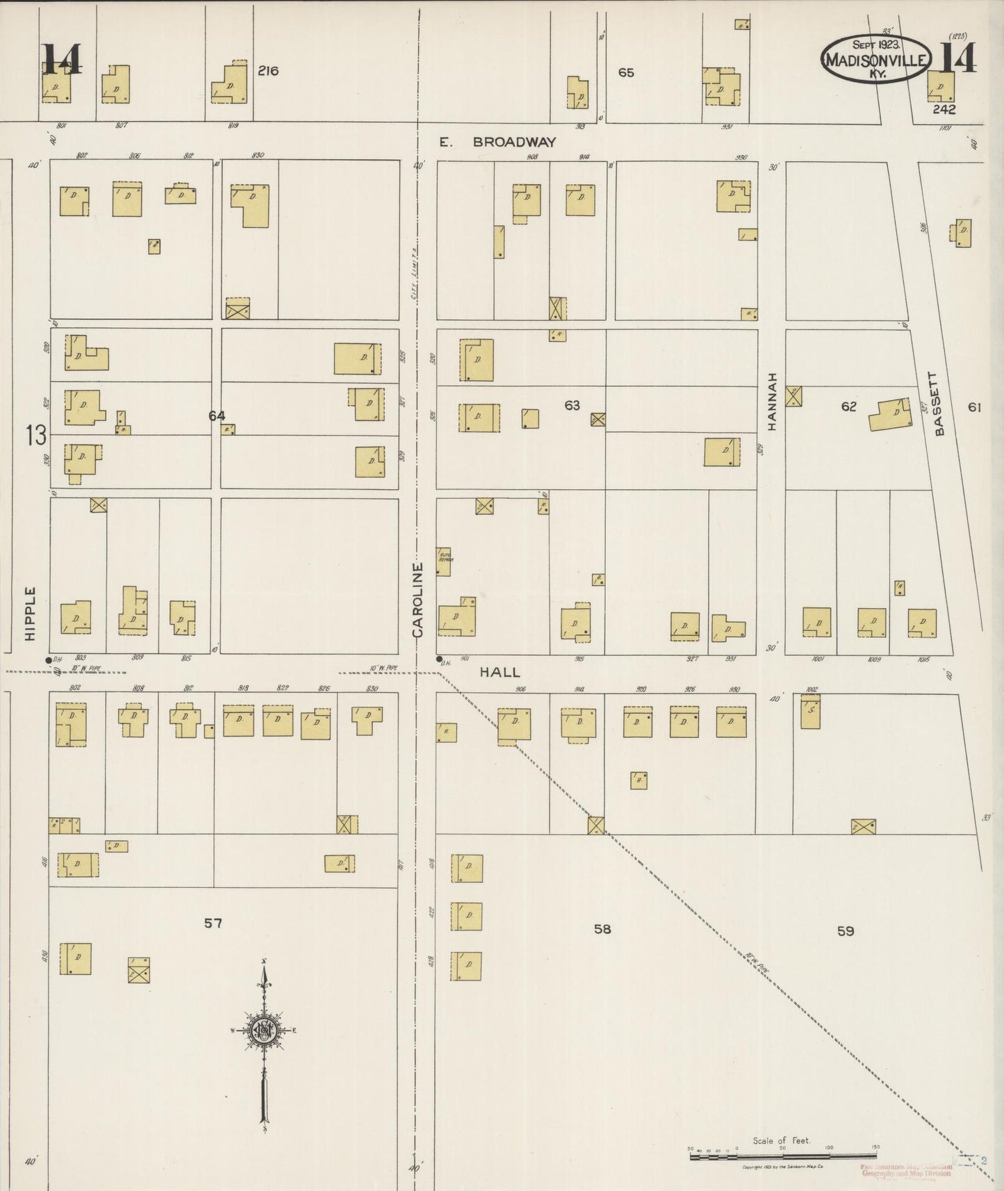 Sanborn Fire Insurance Map from Madisonville, Hopkins County, Kentucky (1923), Sheet #0014 - Historic Sanborn Fire Insurance Map Print, vintage old map wall art, antique decor, genealogy gift, Kentucky Kentucky map