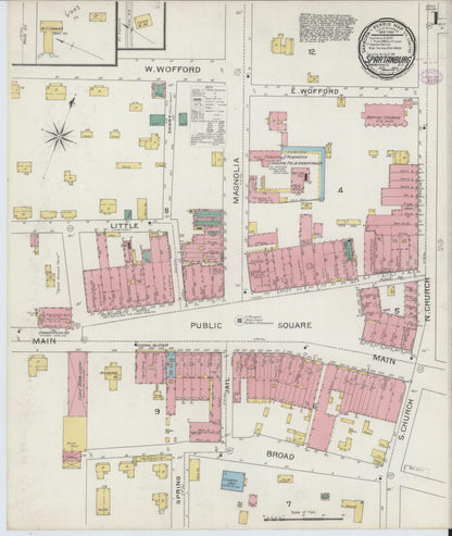 Sanborn Fire Insurance Map from Spartanburg, Spartanburg County, South Carolina (1893), Sheet #0001 - Complete Map Set gallery image, historic Sanborn map, vintage wall art, South Carolina South Carolina