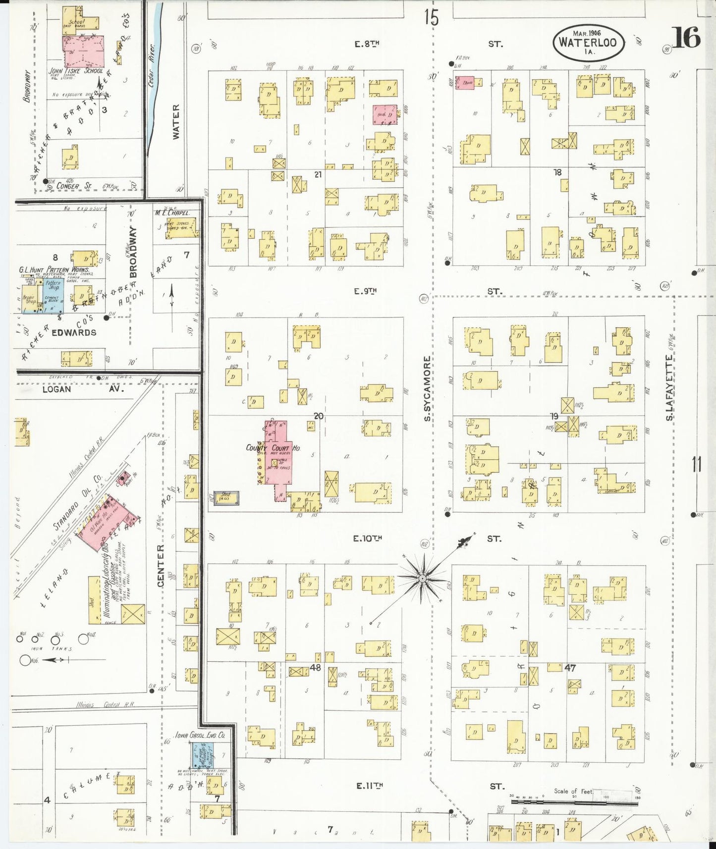 Sanborn Fire Insurance Map from Waterloo, Black Hawk County, Iowa (1906), Sheet #0016 - Historic Sanborn Fire Insurance Map Print, vintage old map wall art