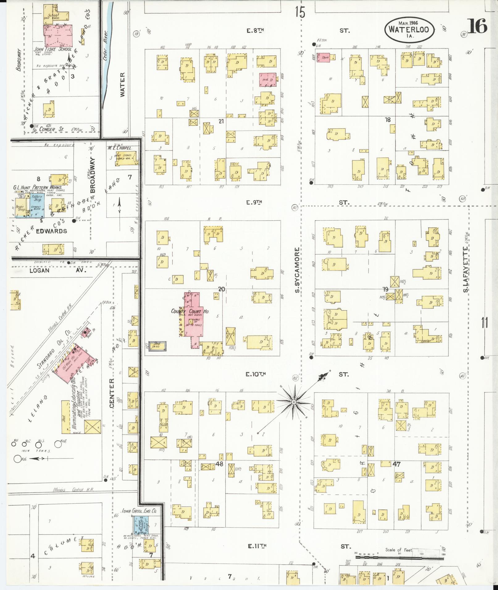 Sanborn Fire Insurance Map from Waterloo, Black Hawk County, Iowa (1906), Sheet #0016 - Historic Sanborn Fire Insurance Map Print, vintage old map wall art