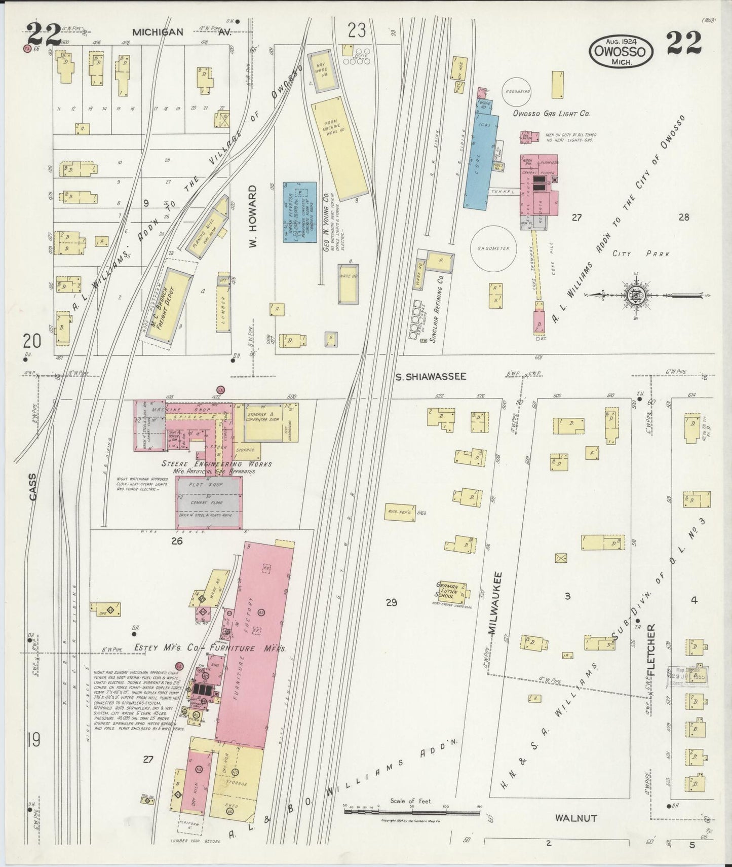 Sanborn Fire Insurance Map from Owosso, Shiawassee County, Michigan (1924), Sheet #0022 - Historic Sanborn Fire Insurance Map Print, vintage old map wall art, antique decor, genealogy gift, Michigan Michigan map