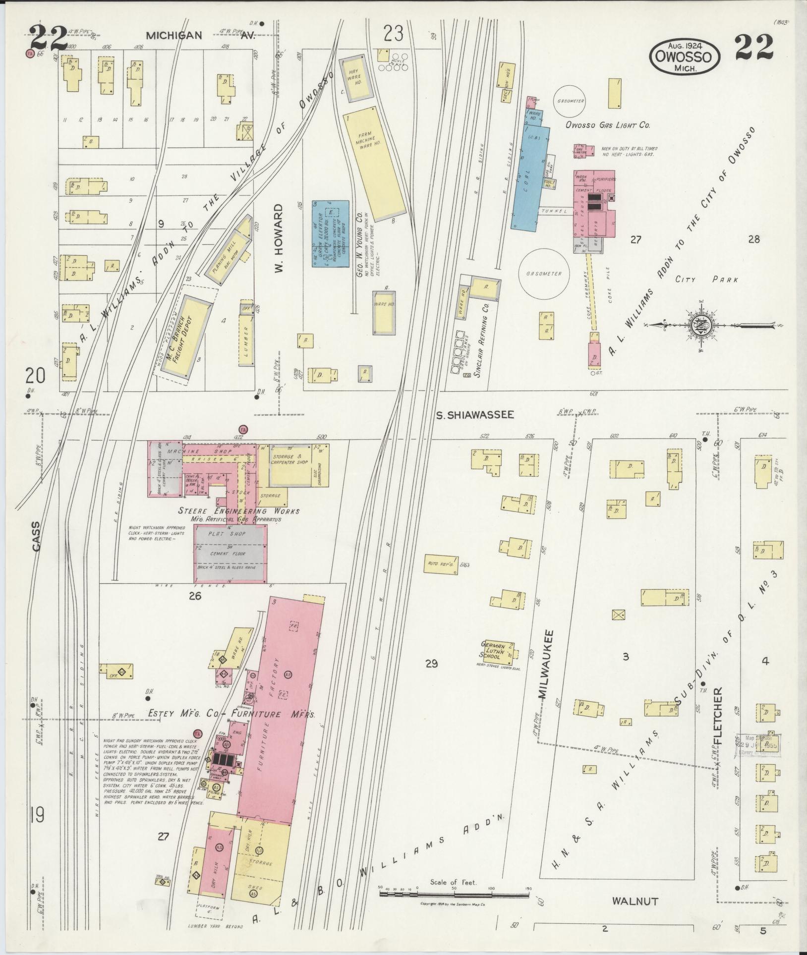 Sanborn Fire Insurance Map from Owosso, Shiawassee County, Michigan (1924), Sheet #0022 - Historic Sanborn Fire Insurance Map Print, vintage old map wall art, antique decor, genealogy gift, Michigan Michigan map