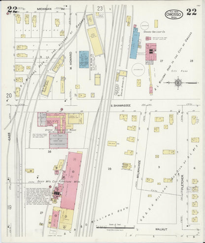 Sanborn Fire Insurance Map from Owosso, Shiawassee County, Michigan (1924), Sheet #0022 - Historic Sanborn Fire Insurance Map Print, vintage old map wall art, antique decor, genealogy gift, Michigan Michigan map