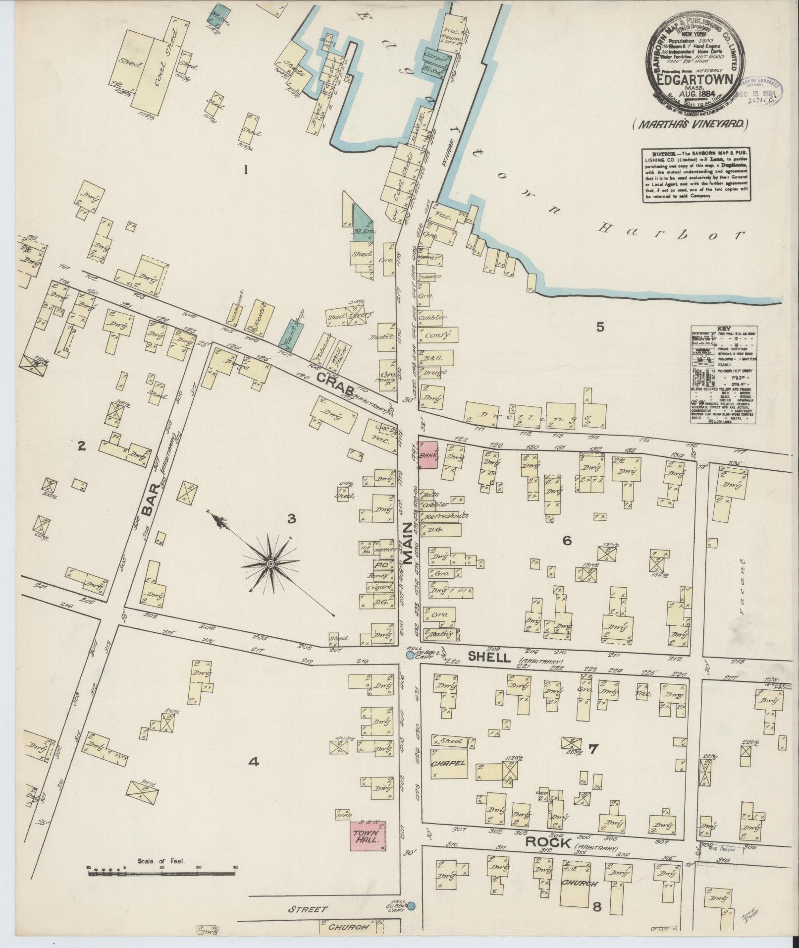 Sanborn Fire Insurance Map from Edgartown, Dukes County, Massachusetts (1884), Sheet #0001 - Historic Sanborn Fire Insurance Map Print, vintage old map wall art, antique decor, genealogy gift, Massachusetts Massachusetts map
