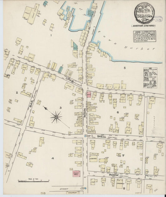 Sanborn Fire Insurance Map from Edgartown, Dukes County, Massachusetts (1884), Sheet #0001 - Historic Sanborn Fire Insurance Map Print, vintage old map wall art, antique decor, genealogy gift, Massachusetts Massachusetts map