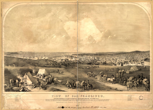 View of San Francisco, Taken from the Western Hill at the foot of Telegraph Hill, looking toward Ringon Point and Mission Valley (1851) – Historic Bird’s-Eye View Panorama Print