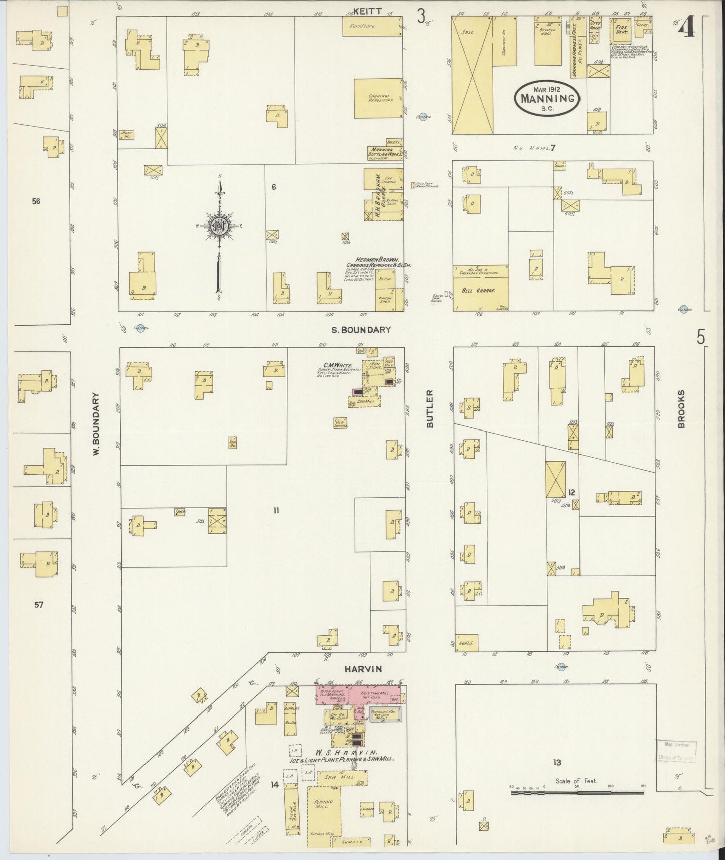 Sanborn Fire Insurance Map from Manning, Clarendon County, South Carolina (1912), Sheet #0004 - Complete Map Set gallery image, historic Sanborn map, vintage wall art, South Carolina South Carolina