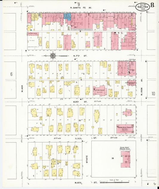 Sanborn Fire Insurance Map from Salina, Saline County, Kansas (1911), Sheet #0008 - Historic Sanborn Fire Insurance Map Print, vintage old map wall art, antique decor, genealogy gift, Kansas Kansas map