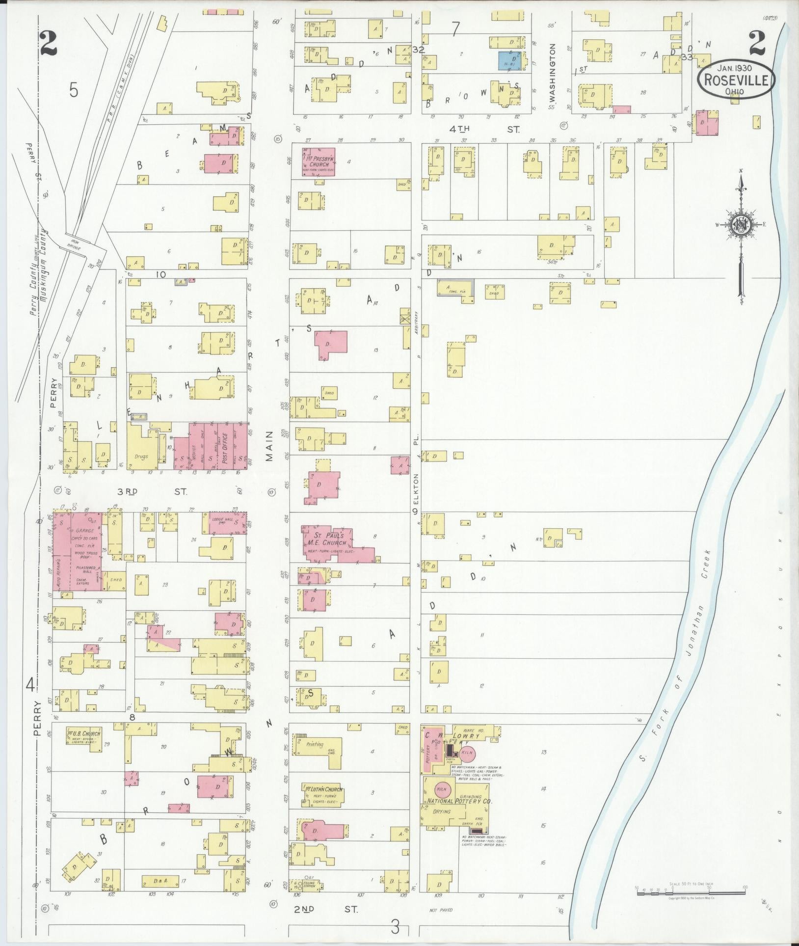 Sanborn Fire Insurance Map from Roseville, Perry And Muskingum Counties, Ohio (1930), Sheet #0002 - Complete Map Set gallery image, historic Sanborn map, vintage wall art, Ohio Ohio