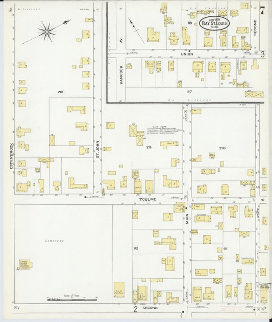 Sanborn Fire Insurance Map from Bay Saint Louis, Hancock County, Mississippi (1909), Sheet #0007 - Historic Sanborn Fire Insurance Map Print, vintage old map wall art, antique decor, genealogy gift, Mississippi Mississippi map