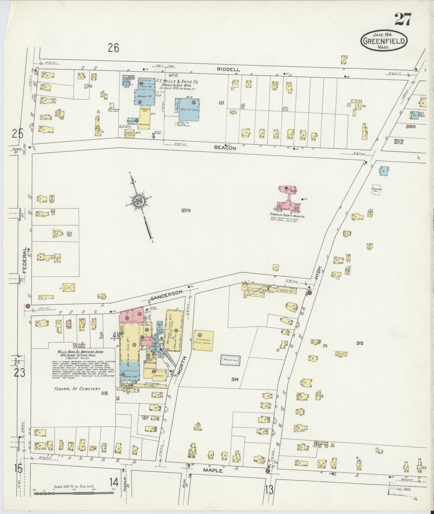 Sanborn Fire Insurance Map from Greenfield, Franklin County, Massachusetts (1914), Sheet #0027 - Historic Sanborn Fire Insurance Map Print, vintage old map wall art, antique decor, genealogy gift, Massachusetts Massachusetts map