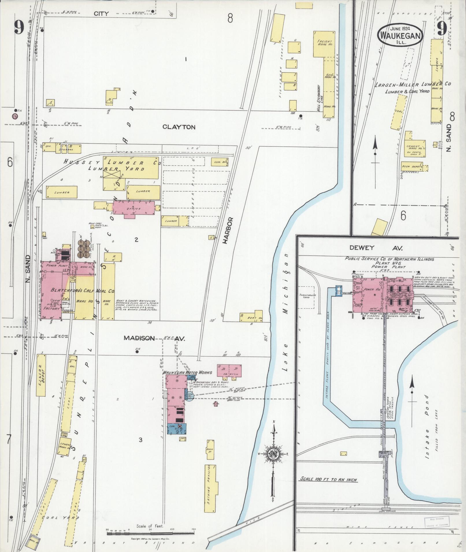 Sanborn Fire Insurance Map from Waukegan, Lake County, Illinois. (1924), Sheet 9 – Historic Sanborn Fire Insurance Map Print