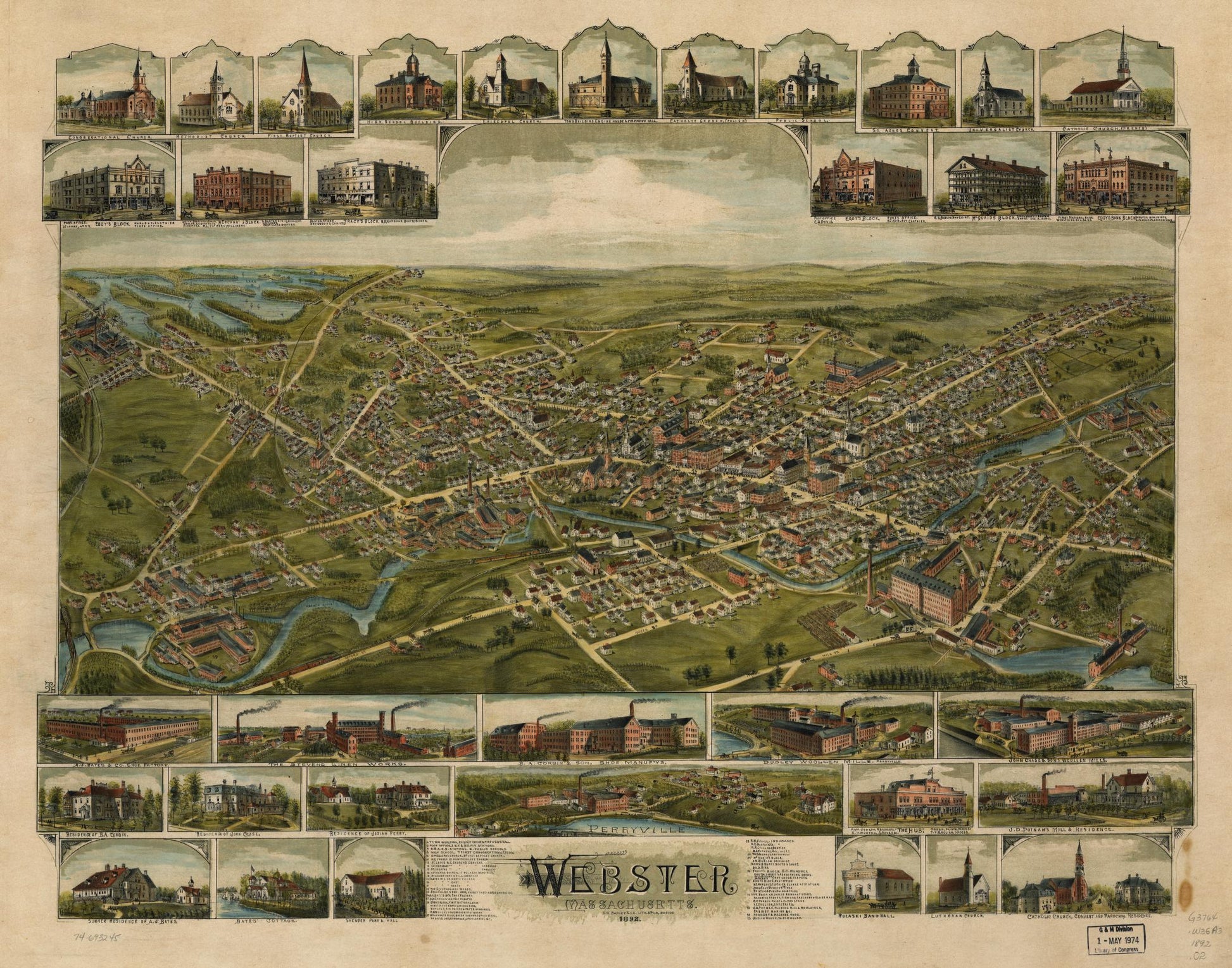 Webster, Massachusetts 1892. (1892) – Historic Bird’s-Eye View Panorama Print
