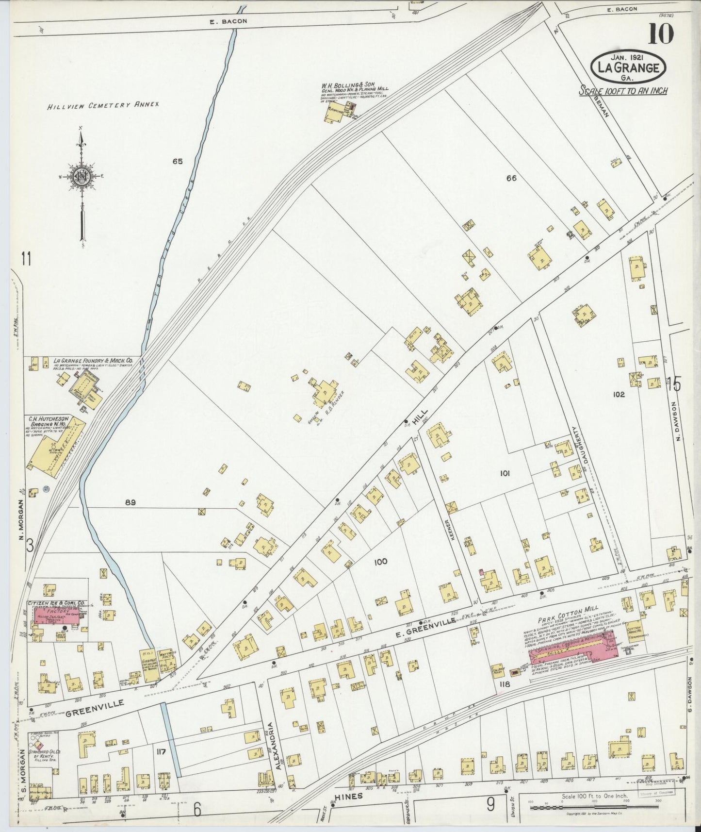 Sanborn Fire Insurance Map from La Grange, Troup County, Georgia (1921), Sheet #0010 - Historic Sanborn Fire Insurance Map Print, vintage old map wall art, antique decor, genealogy gift, Georgia Georgia map