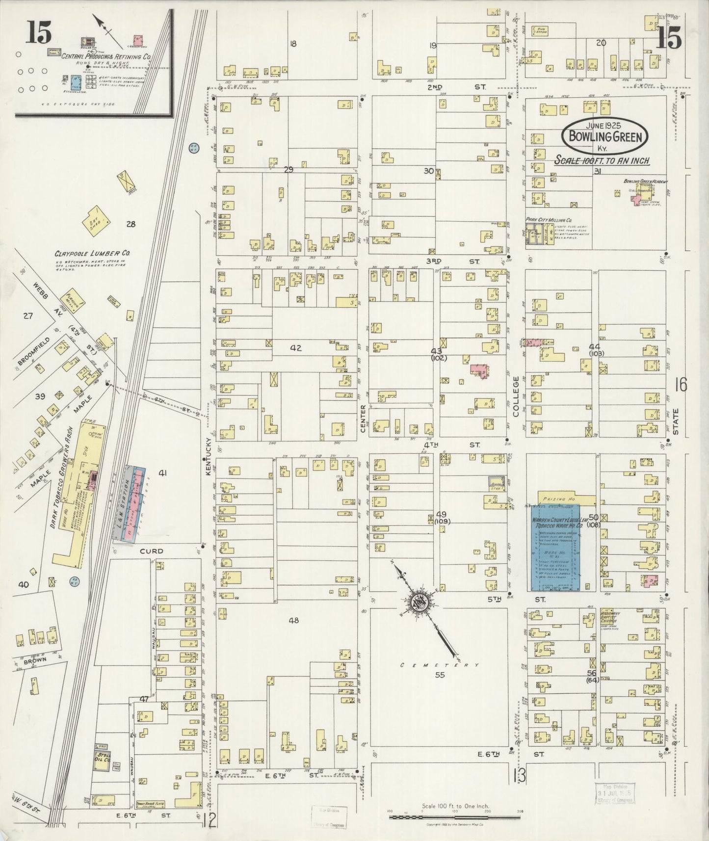 Sanborn Fire Insurance Map from Bowling Green, Warren County, Kentucky (1925), Sheet #0015 - Complete Map Set gallery image, historic Sanborn map, vintage wall art, Kentucky Kentucky