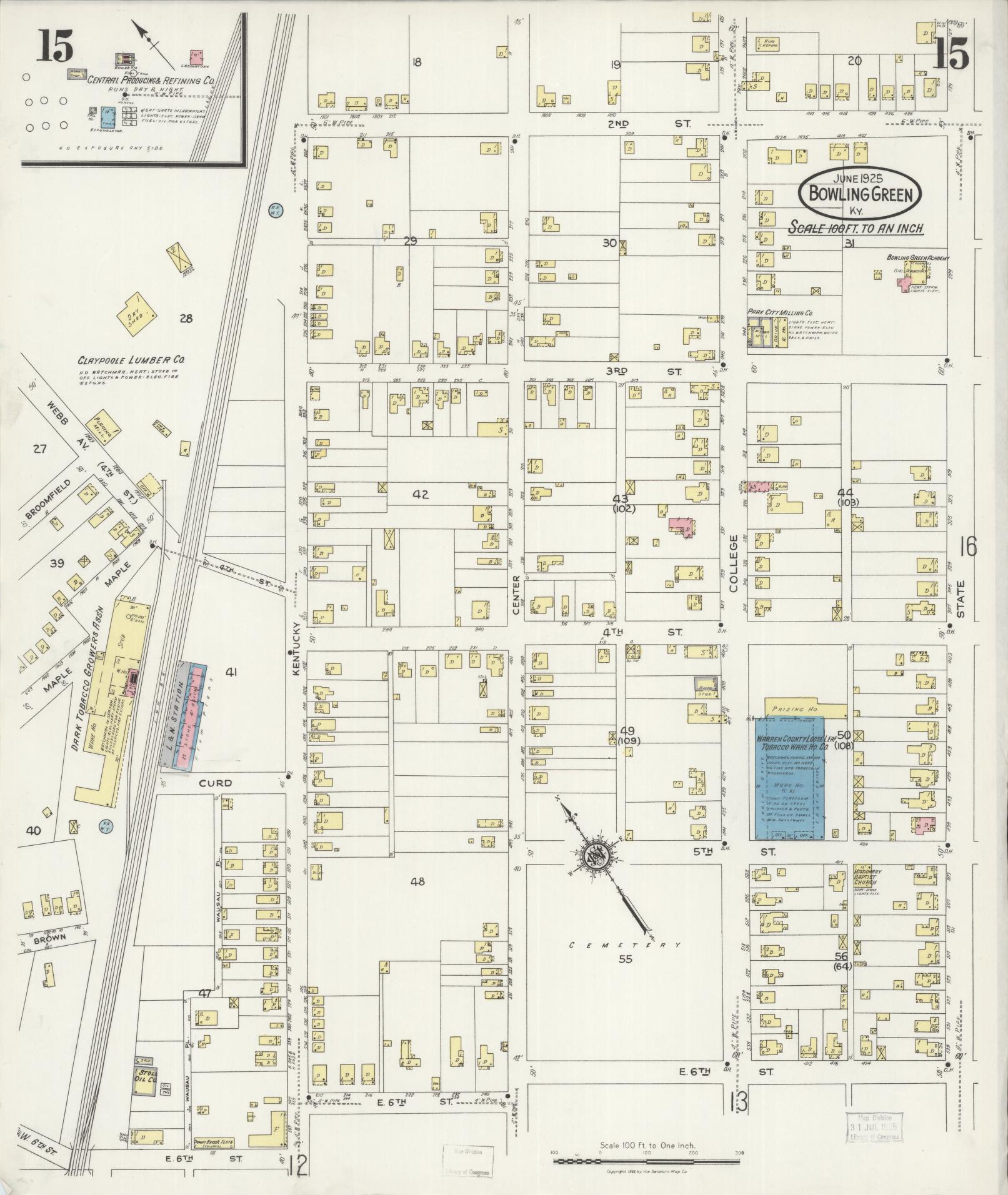 Sanborn Fire Insurance Map from Bowling Green, Warren County, Kentucky (1925), Sheet #0015 - Complete Map Set gallery image, historic Sanborn map, vintage wall art, Kentucky Kentucky