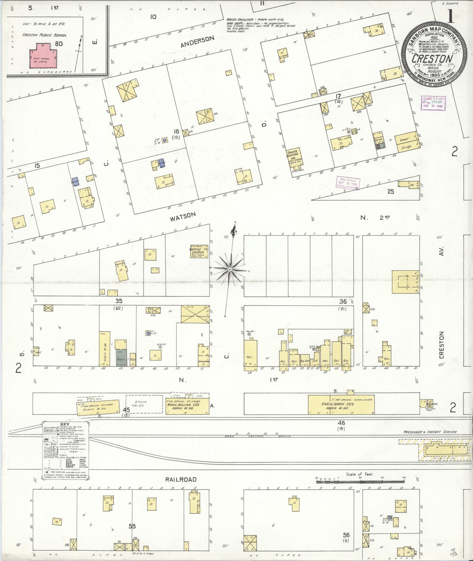Sanborn Fire Insurance Map from Creston, Lincoln County, Washington (1909), Sheet #0001 - Complete Map Set gallery image, historic Sanborn map, vintage wall art, Washington Washington