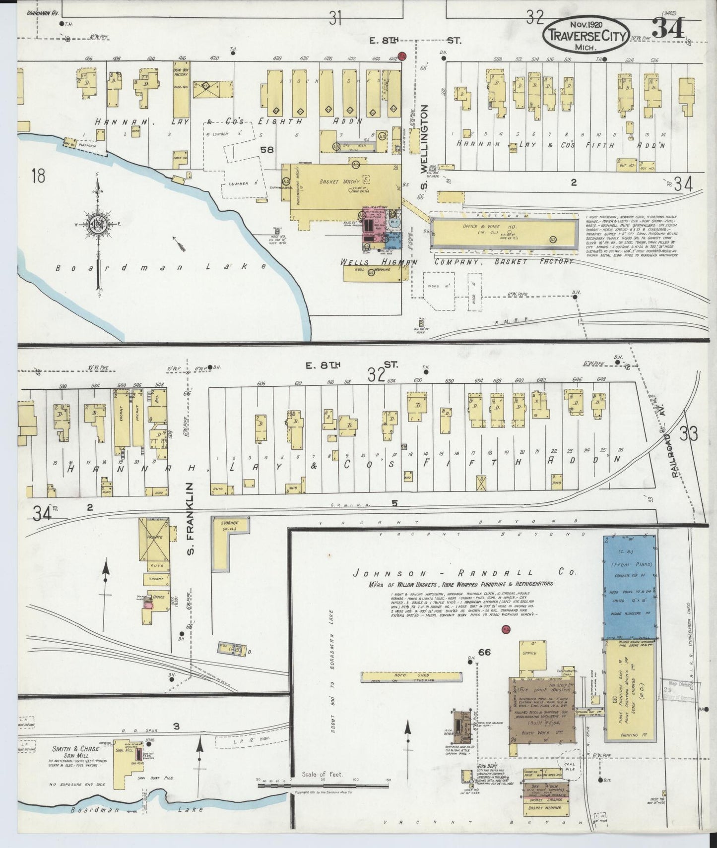 Sanborn Fire Insurance Map from Traverse City, Grand Traverse County, Michigan (1920), Sheet #0034 - Historic Sanborn Fire Insurance Map Print, vintage old map wall art, antique decor, genealogy gift, Michigan Michigan map