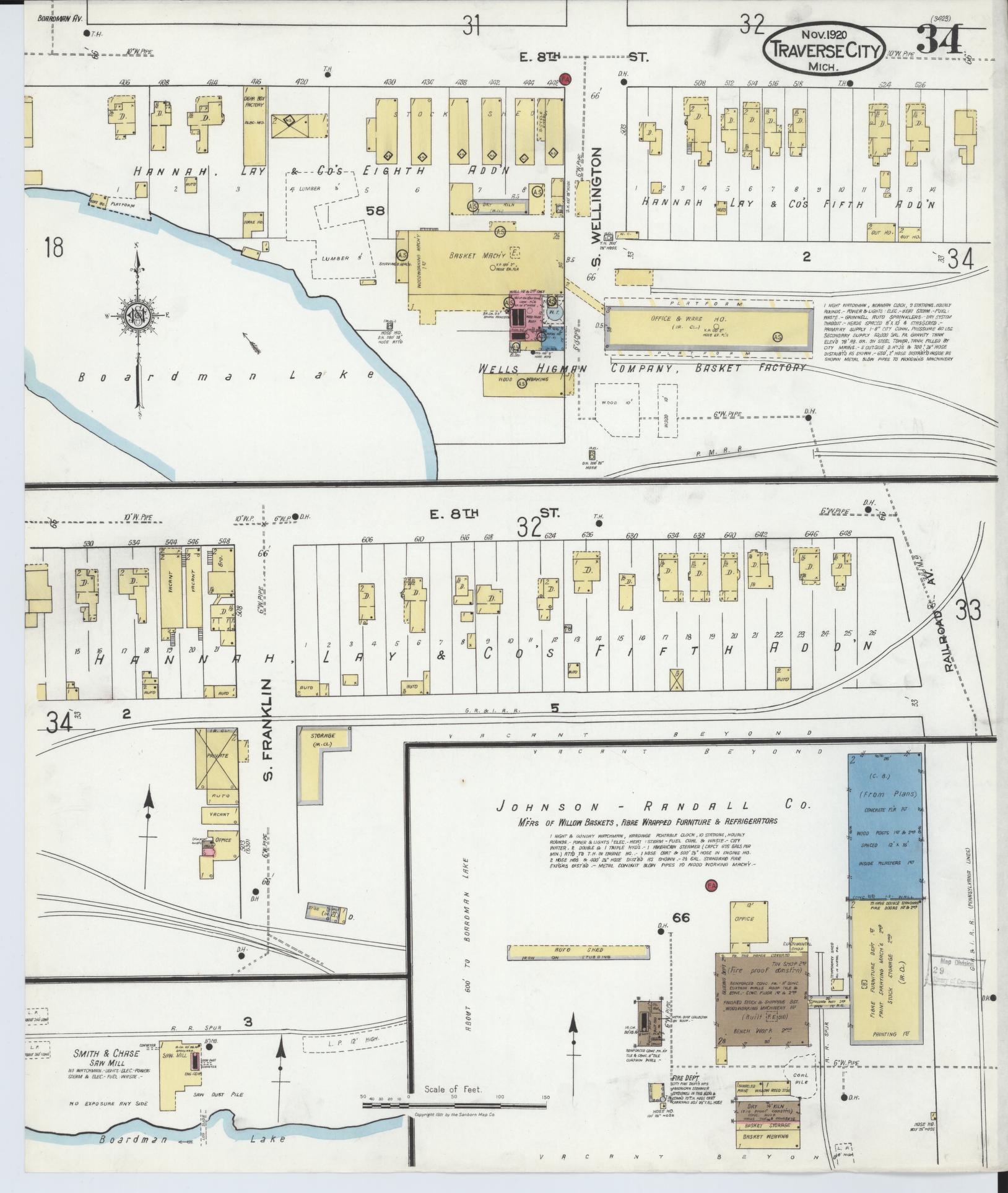 Sanborn Fire Insurance Map from Traverse City, Grand Traverse County, Michigan (1920), Sheet #0034 - Historic Sanborn Fire Insurance Map Print, vintage old map wall art, antique decor, genealogy gift, Michigan Michigan map
