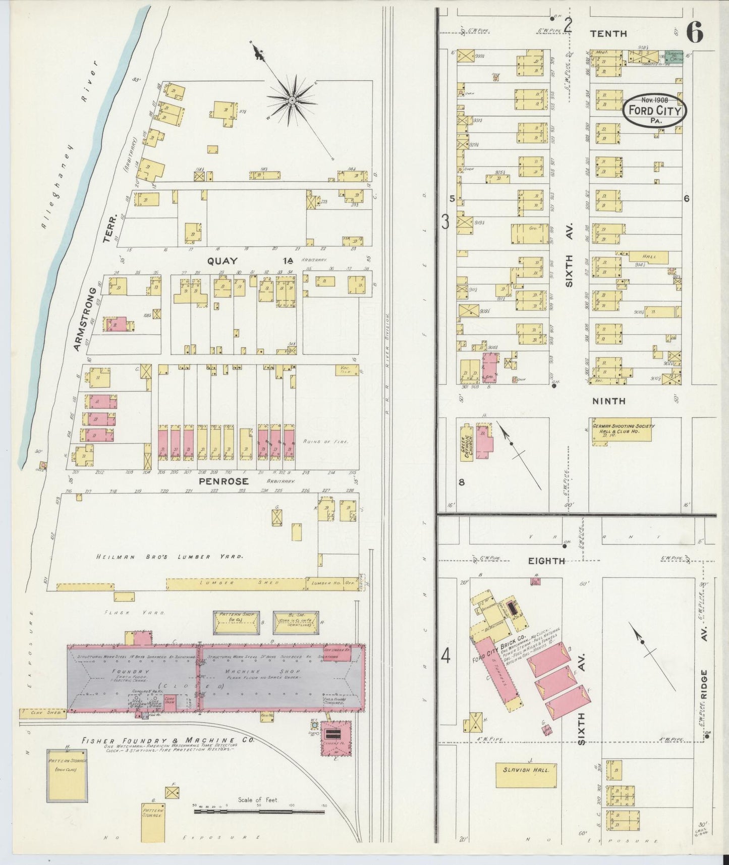 Sanborn Fire Insurance Map from Ford City, Armstrong County, Pennsylvania (1908), Sheet #0006 - Historic Sanborn Fire Insurance Map Print, vintage old map wall art, antique decor, genealogy gift, Pennsylvania Pennsylvania map