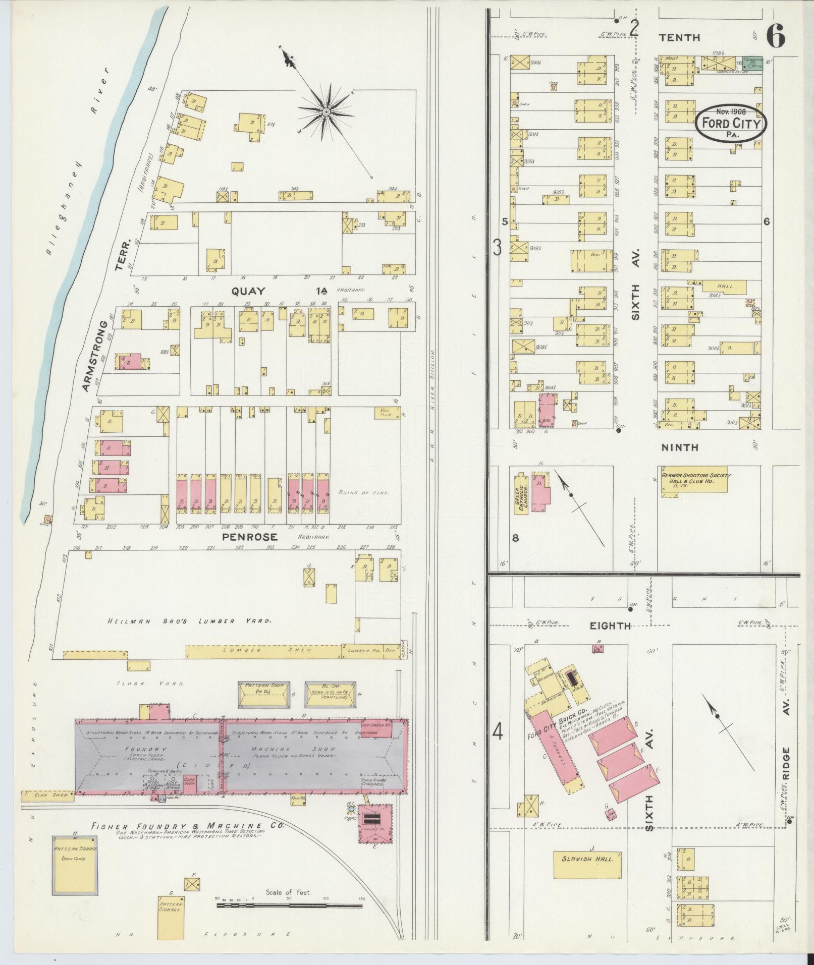 Sanborn Fire Insurance Map from Ford City, Armstrong County, Pennsylvania (1908), Sheet #0006 - Historic Sanborn Fire Insurance Map Print, vintage old map wall art, antique decor, genealogy gift, Pennsylvania Pennsylvania map