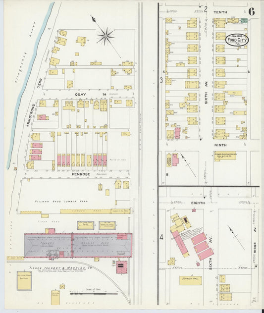 Sanborn Fire Insurance Map from Ford City, Armstrong County, Pennsylvania (1908), Sheet #0006 - Historic Sanborn Fire Insurance Map Print, vintage old map wall art, antique decor, genealogy gift, Pennsylvania Pennsylvania map