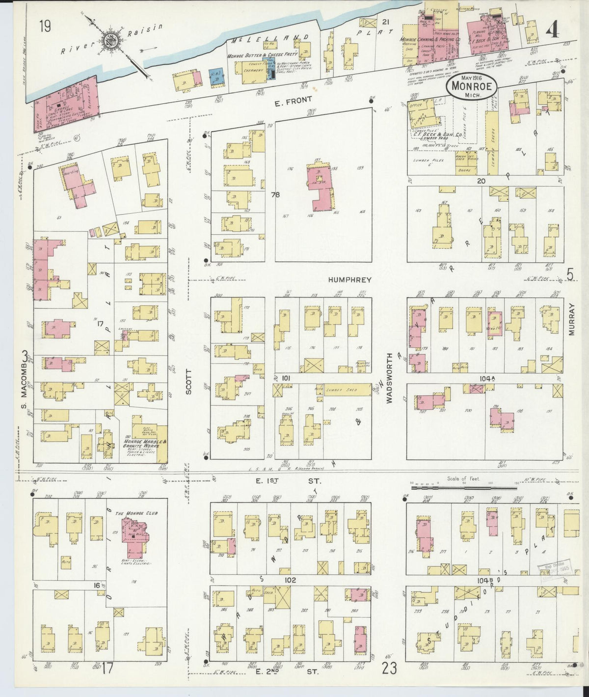 Sanborn Fire Insurance Map from Monroe, Monroe County, Michigan (1916), Sheet #0004 - Historic Sanborn Fire Insurance Map Print, vintage old map wall art, antique decor, genealogy gift, Michigan Michigan map