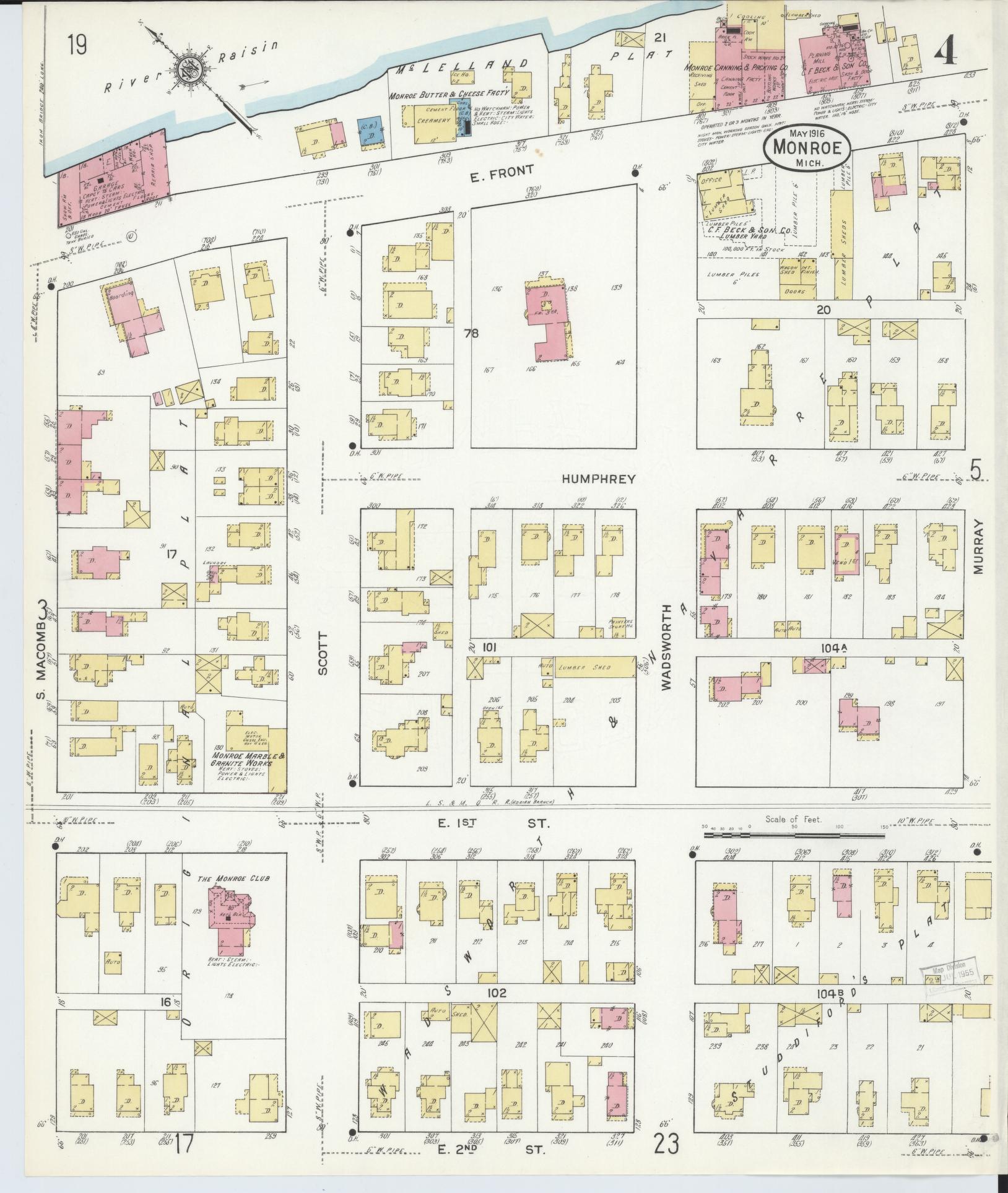 Sanborn Fire Insurance Map from Monroe, Monroe County, Michigan (1916), Sheet #0004 - Historic Sanborn Fire Insurance Map Print, vintage old map wall art, antique decor, genealogy gift, Michigan Michigan map