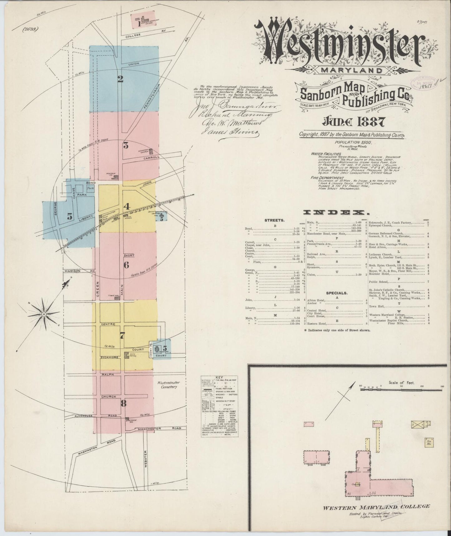 Sanborn Fire Insurance Map from Westminster, Carroll County, Maryland (1887), Sheet #0001 - Historic Sanborn Fire Insurance Map Print, vintage old map wall art, antique decor, genealogy gift, Maryland Maryland map