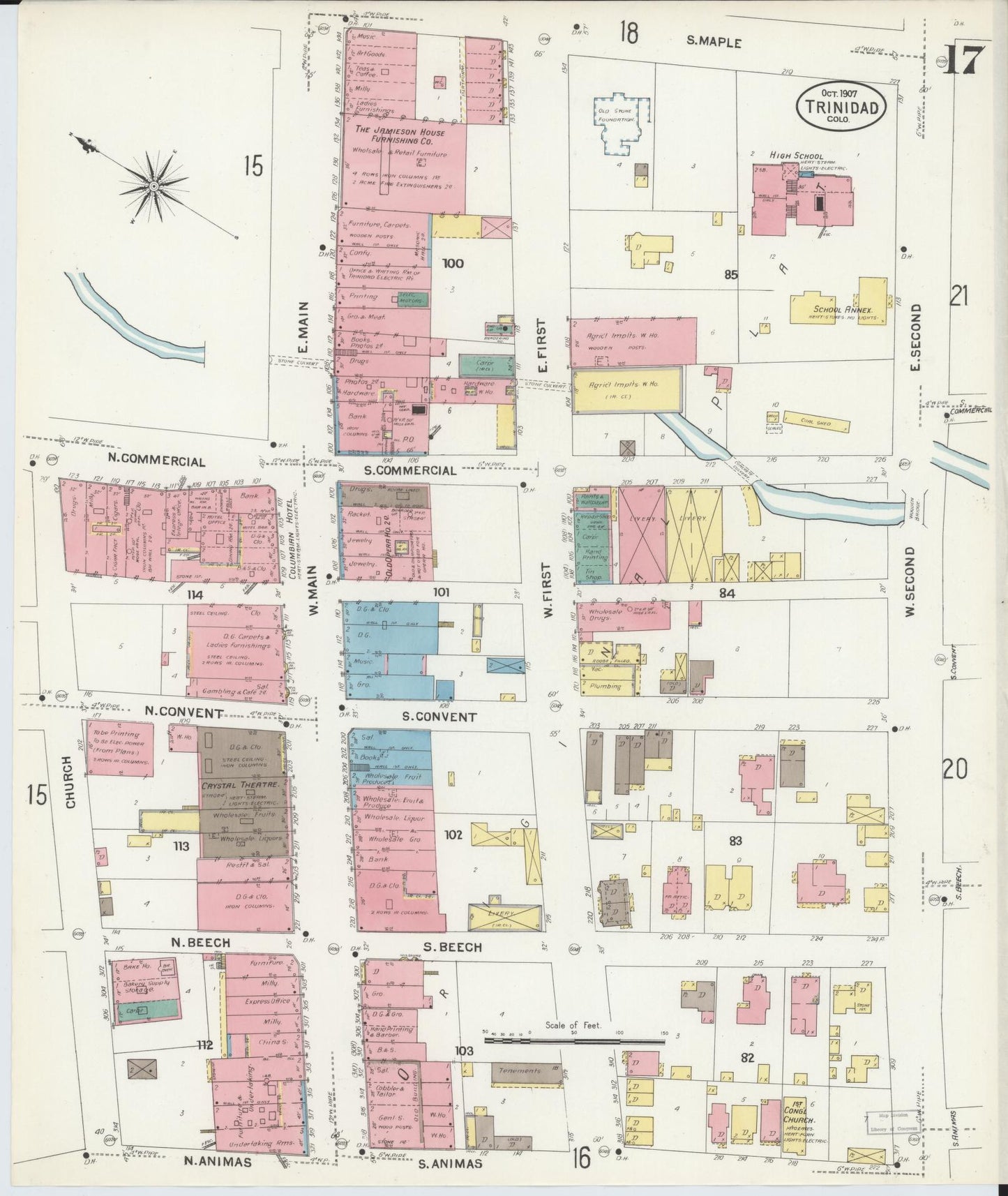 Sanborn Fire Insurance Map from Trinidad, Las Animas County, Colorado (1907), Sheet #0017 - Historic Sanborn Fire Insurance Map Print, vintage old map wall art, antique decor, genealogy gift, Colorado Colorado map
