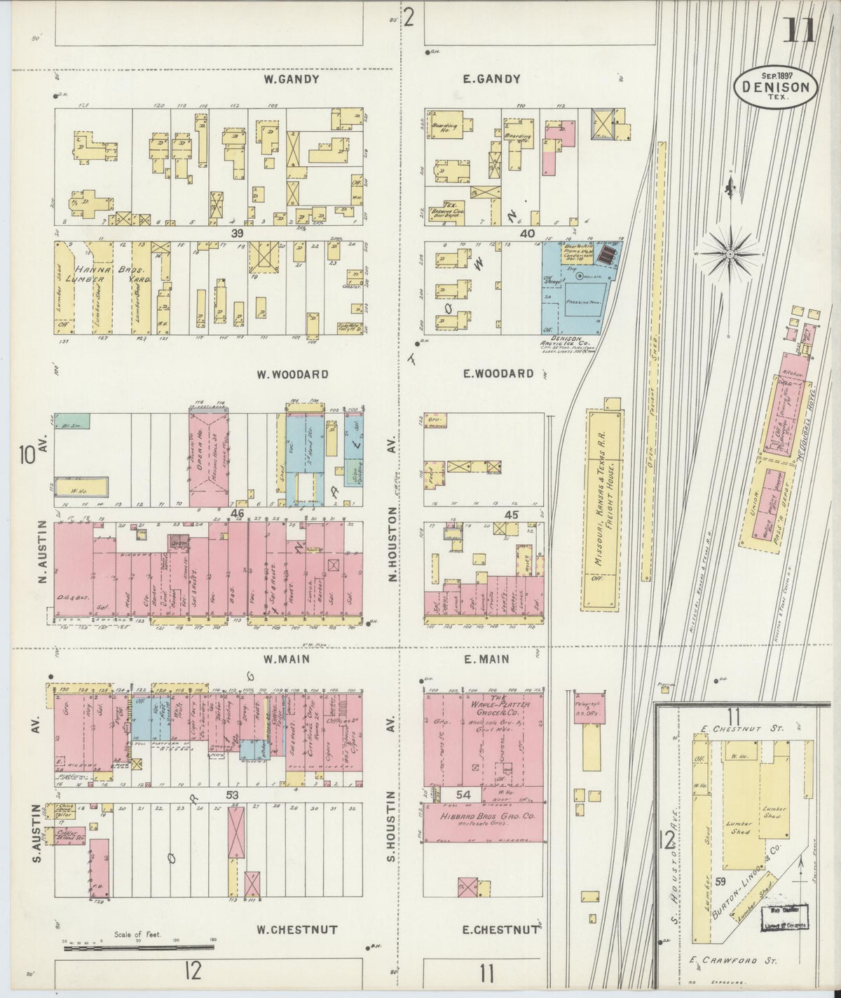 Sanborn Fire Insurance Map from Denison, Grayson County, Texas (1897), Sheet #0011 - Historic Sanborn Fire Insurance Map Print, vintage old map wall art, antique decor, genealogy gift, Texas Texas map