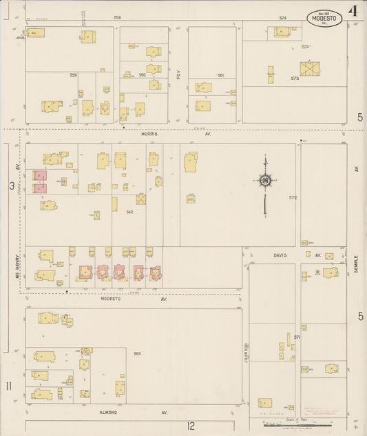 Sanborn Fire Insurance Map from Modesto, Stanislaus County, California (1919), Sheet #0004 - Historic Sanborn Fire Insurance Map Print, vintage old map wall art, antique decor, genealogy gift, California California map