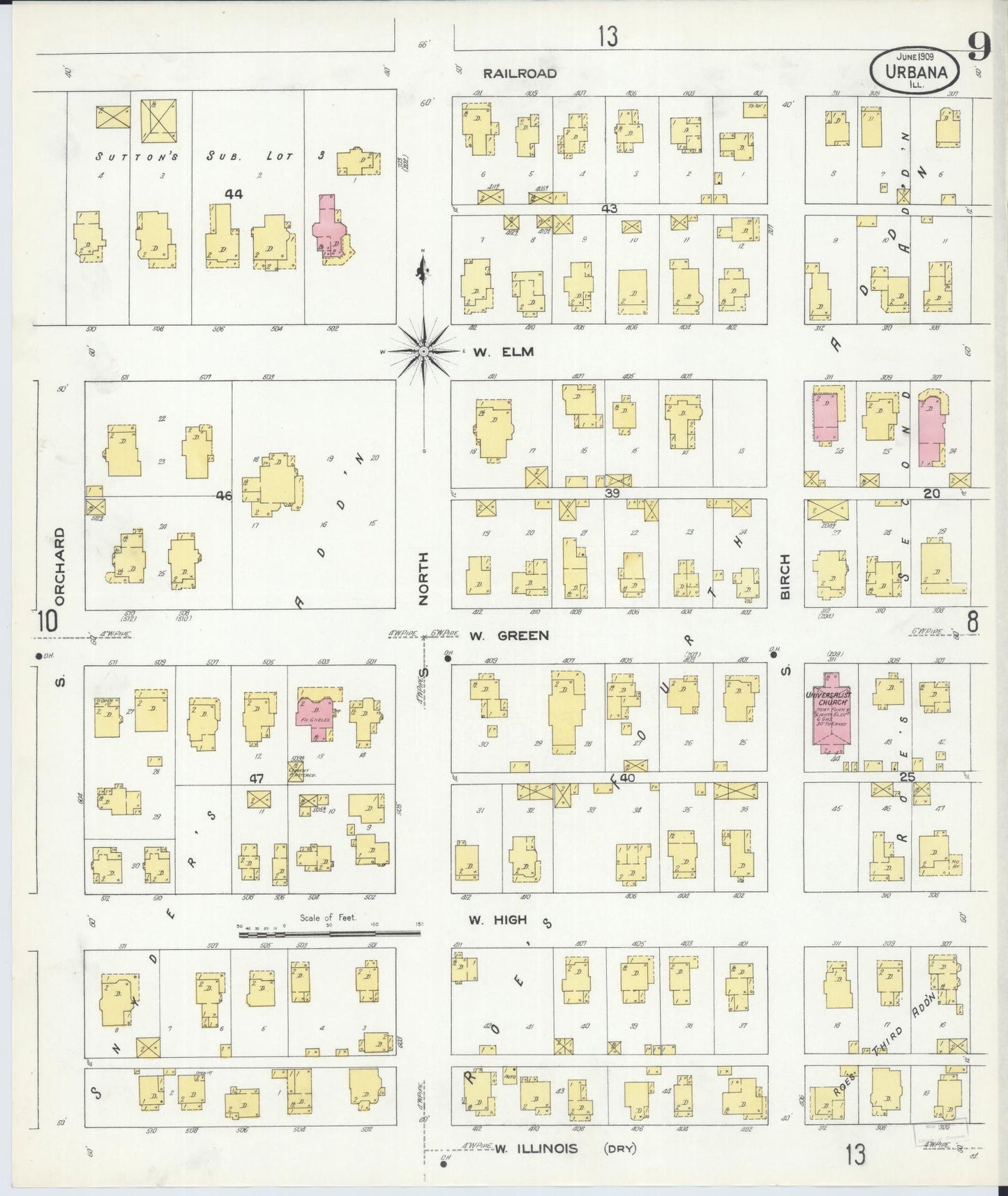 Sanborn Fire Insurance Map from Urbana, Champaign County, Illinois (1909), Sheet #0009 - Complete Map Set gallery image, historic Sanborn map, vintage wall art, Illinois Illinois