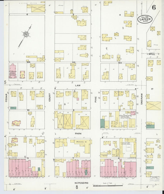 Sanborn Fire Insurance Map from Lapeer, Lapeer County, Michigan (1909), Sheet #0006 - Historic Sanborn Fire Insurance Map Print, vintage old map wall art, antique decor, genealogy gift, Michigan Michigan map